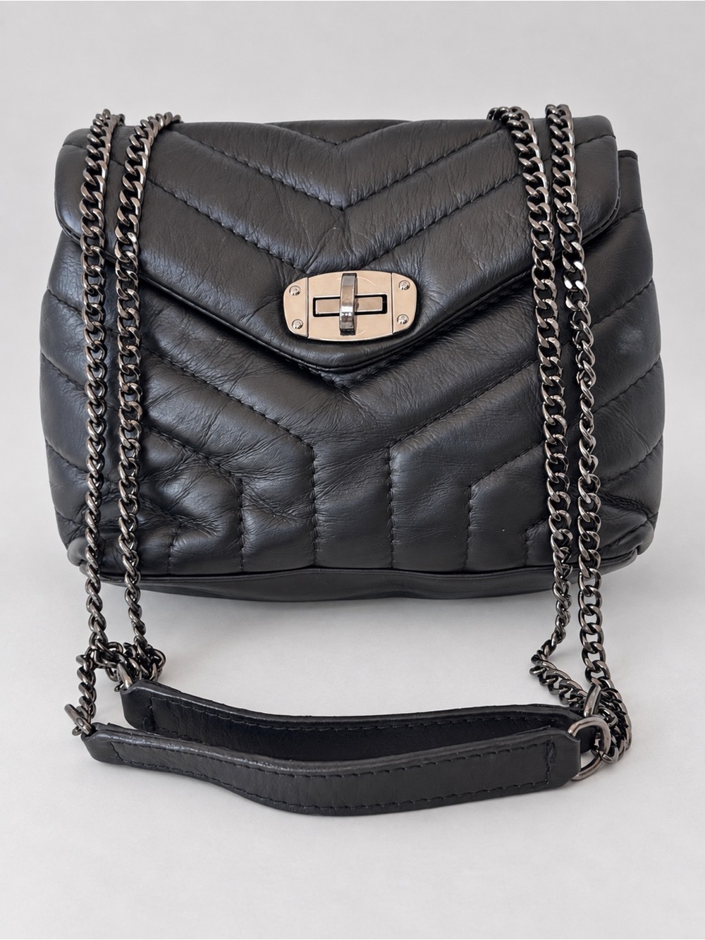 Divina Firenze Black Genuine Leather Quilted Chain Shoulder Bag Made Italy